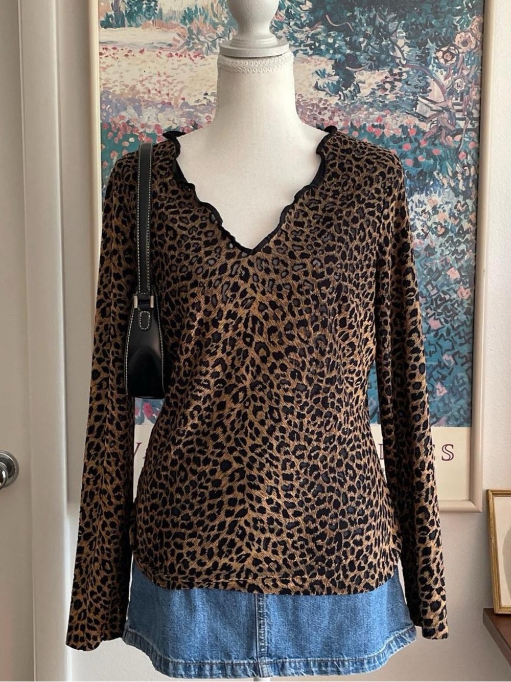 Express Tricot Top Womens Large Leopard Print Mesh V-Neck Indie Sleaze Y2K 90s